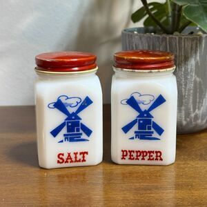 Vintage Mckee Milk Glass Dutch Windwill Salt & Pepper Shakers w/ Red Metal Lids